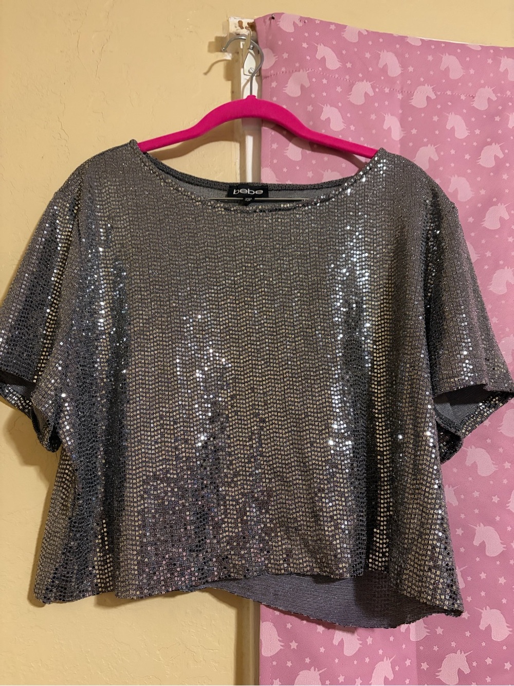 bebe Silver Sequin Cropped Party Top